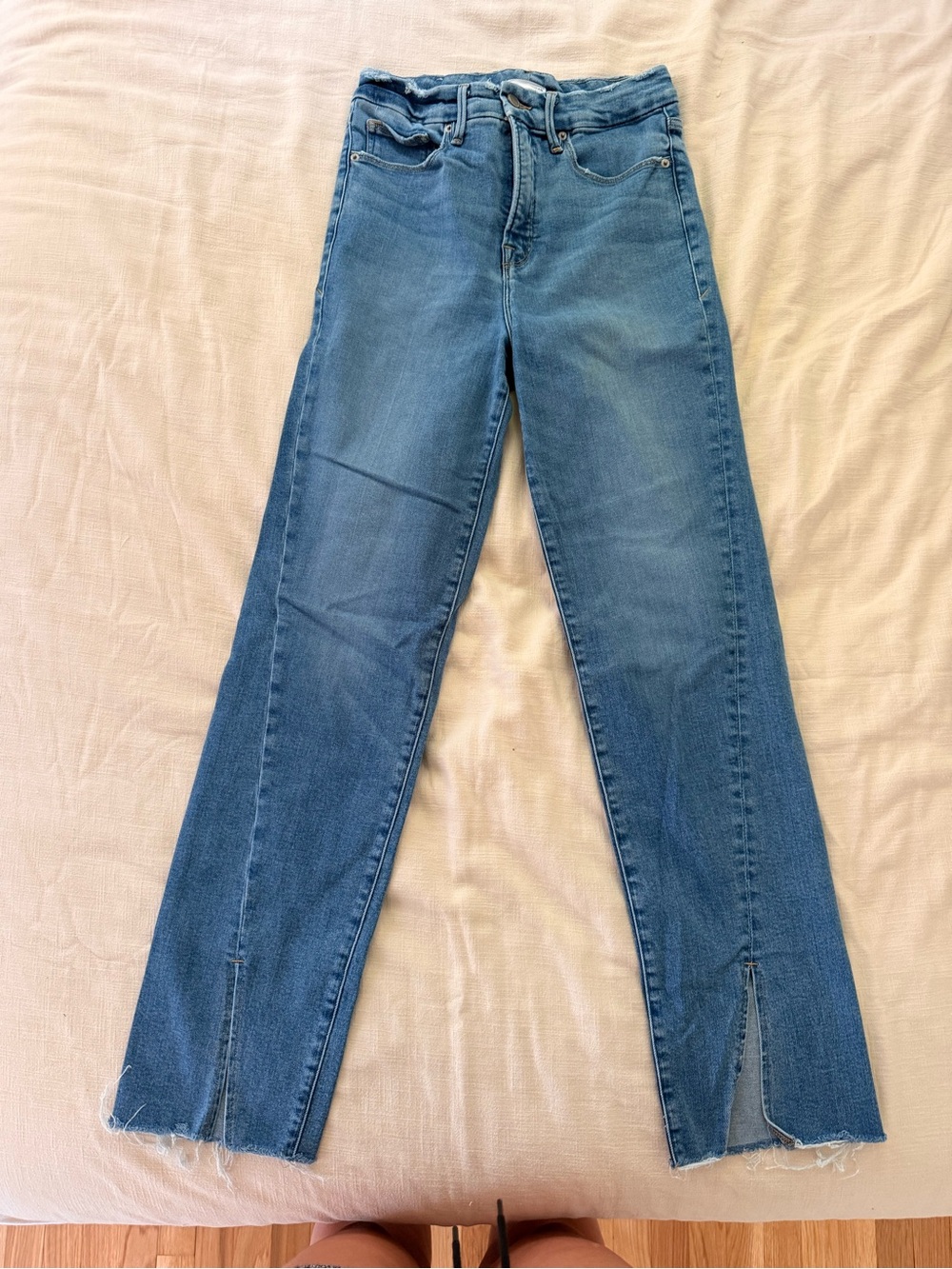 Good American Light Blue Straight-Leg Jeans with Front Slits